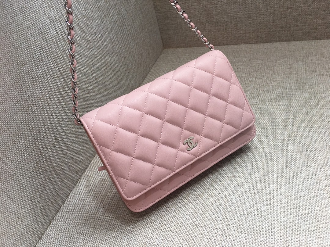 Lambskin Wallet On Chain Shoulder Bag A33814 Pink/Silver